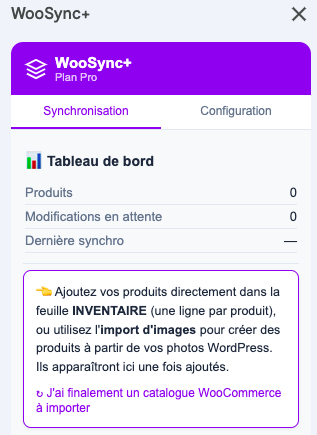 Tableau de bord de synchronisation WooSync+