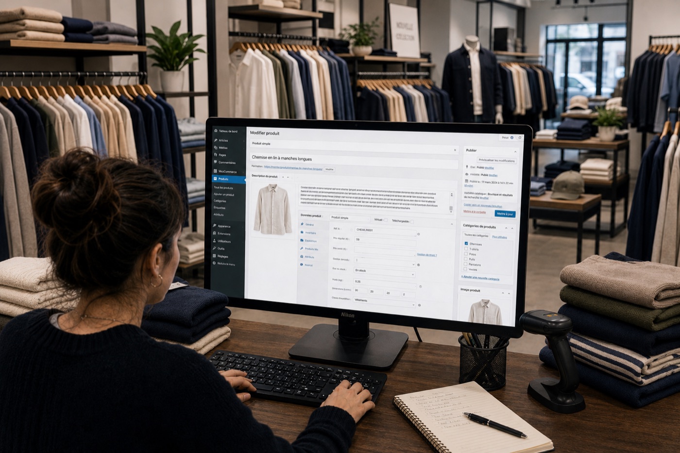 Une vendeuse édite une fiche produit dans l'administration WooCommerce, au cœur de sa boutique de vêtements
