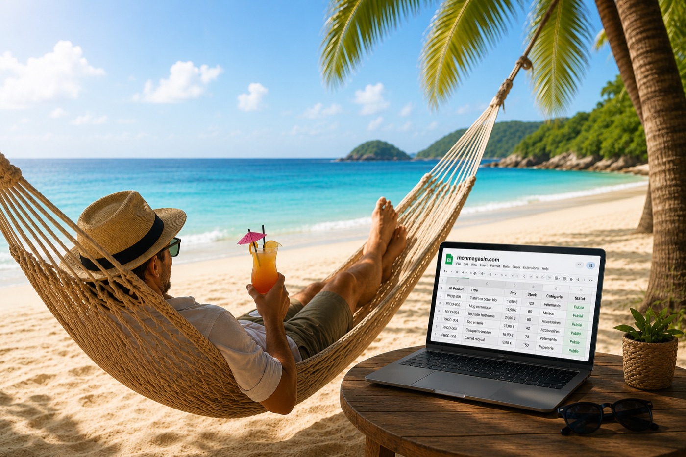 Un vendeur détendu dans un hamac face à la mer, son catalogue Google Sheets ouvert sur l'ordinateur portable