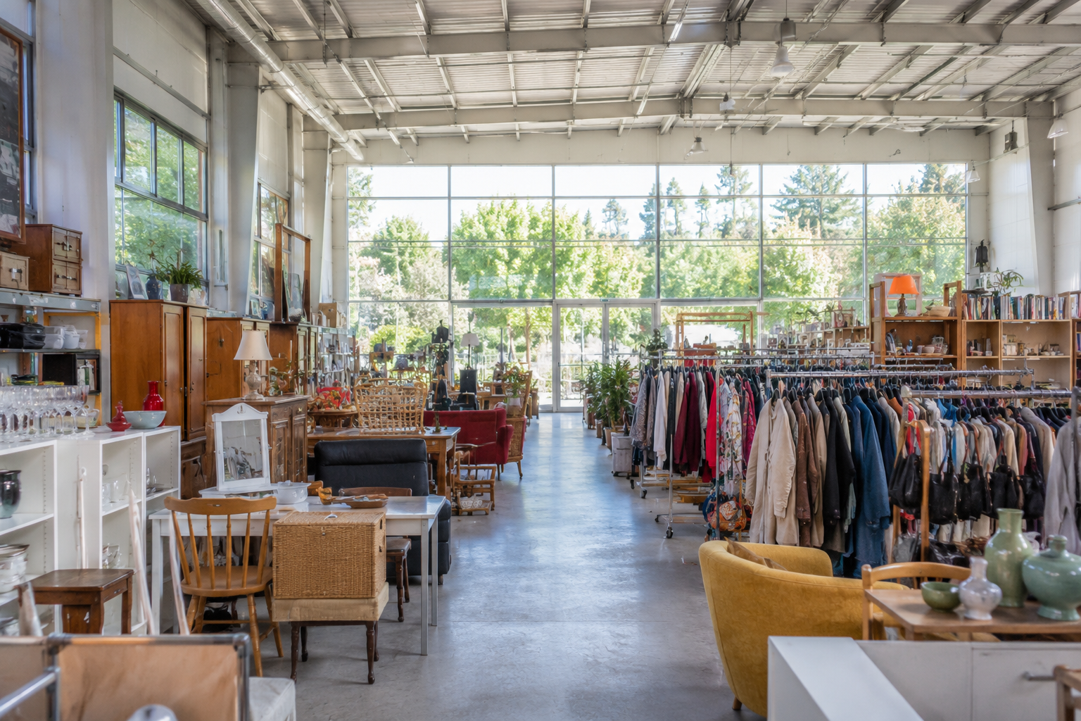 Intérieur d'une ressourcerie avec vêtements, meubles et objets uniques