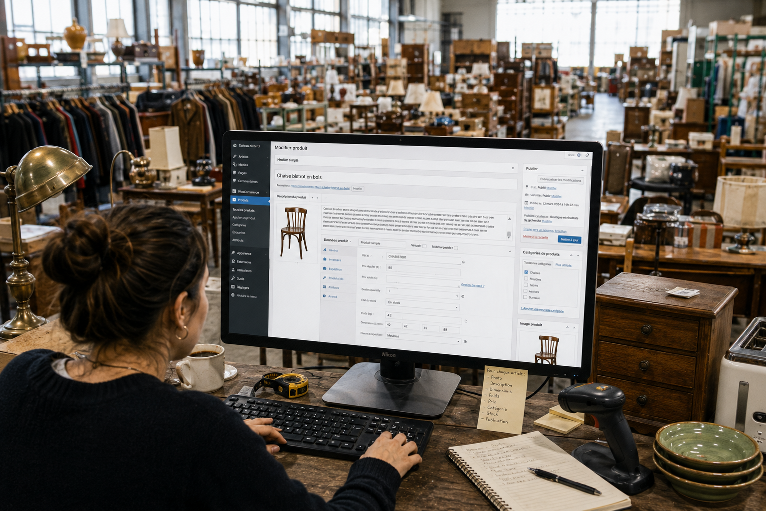 Une personne modifie manuellement une fiche produit dans l'administration WooCommerce, au milieu d'un entrepôt d'objets à vendre